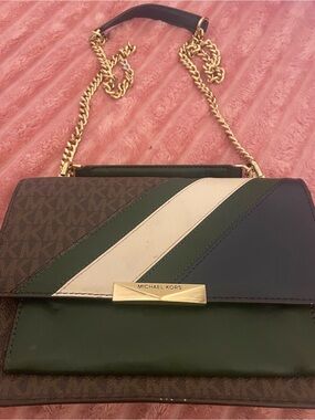 Michael Kors Green, Cream & Navy Signature Stripe Chain Shoulder Bag